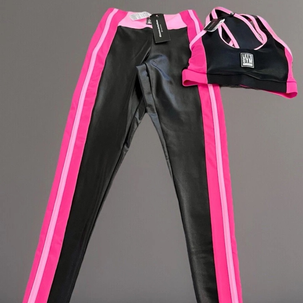 NWT-Let’s gym Sz Sm Workout pink black leggings and top Split Set Msrp $149